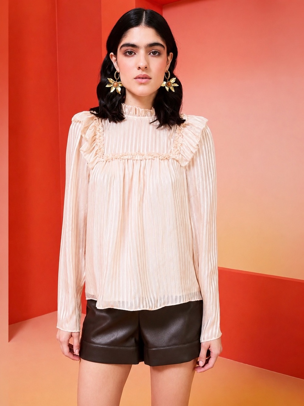 Marie Oliver Estelle Silk Metallic Stripe Ruffle Bib Blouse Soft Cream Size L